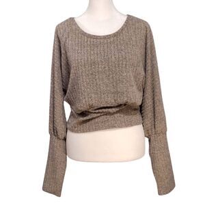 Lark + Grey Cropped Bishop Sleeve Ribbed Knit Top Sz XL Marbled Tan